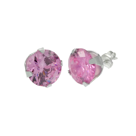 Sterling Silver CZ Round Pink Stud Earrings