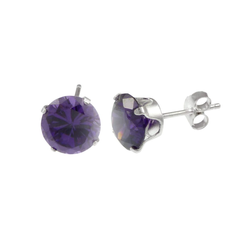 Sterling Silver CZ Round Amethyst Stud Earrings