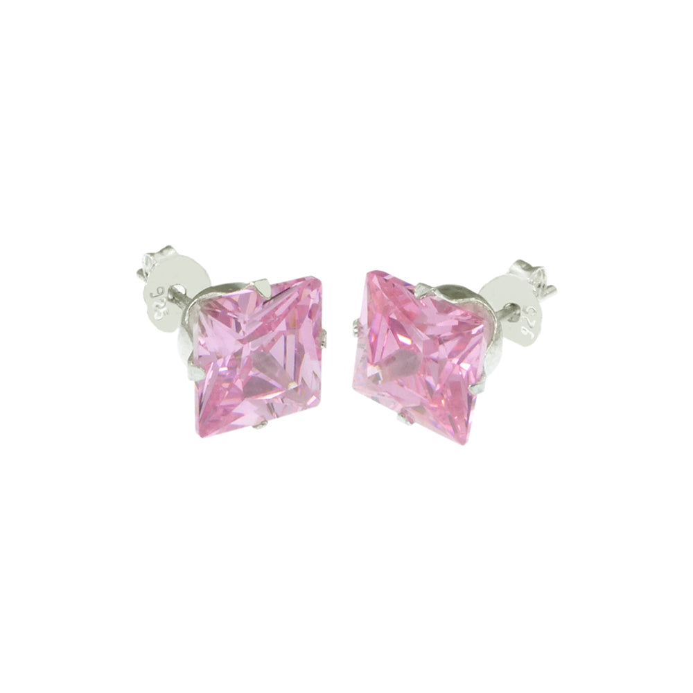 Sterling Silver Square Pink CZ Stud Earrings