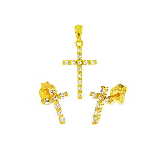 Gold Plated CZ Cross Earrings Pendant Set