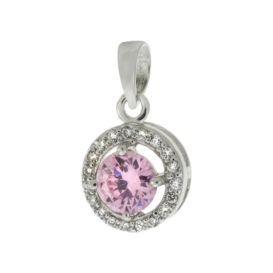 Sterling Silver Halo Pink CZ Solitaire Pendant