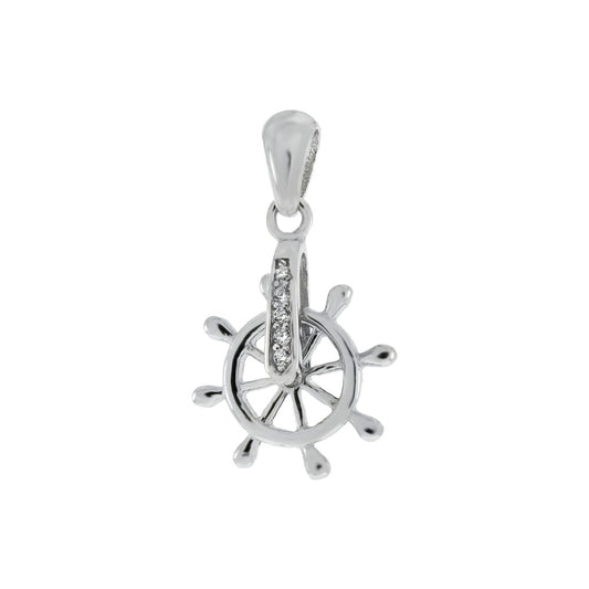 Sterling Silver CZ Ship wheel Charm Pendant