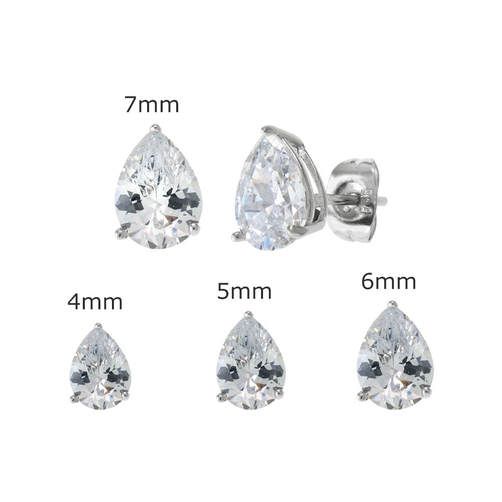 Sterling Silver Cubic Zirconia Pear Shape Rhodium Stud Earrings