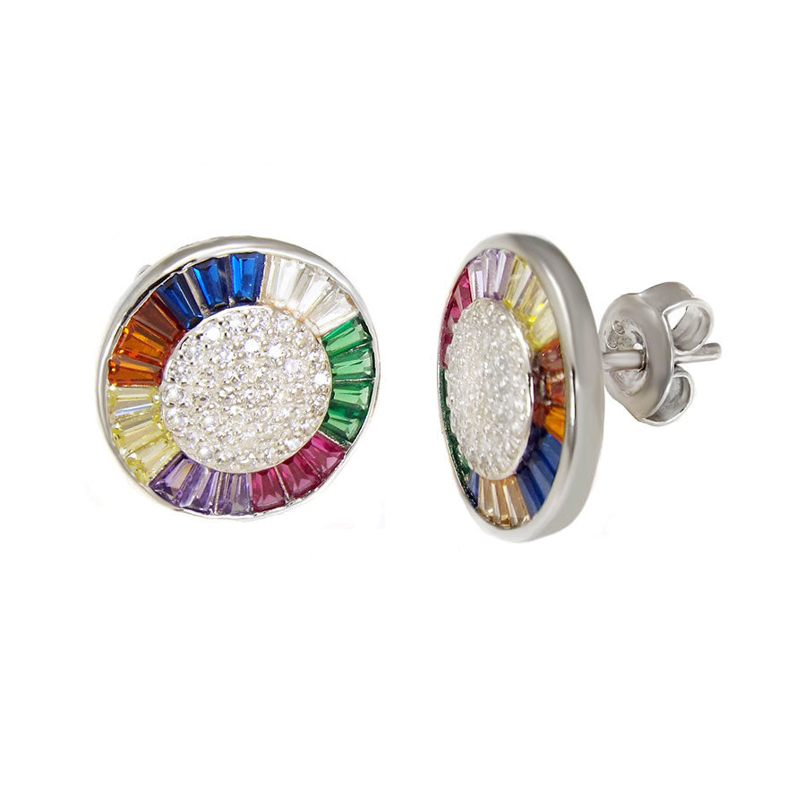 Multi Color Baguette Pave CZ Circle Earrings Rhodium Sterling Silver