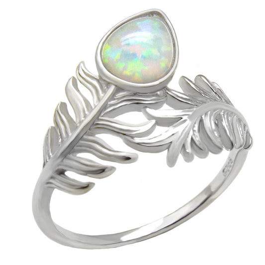 Sterling Silver Pear Shape White Lab Opal Leaf Ring