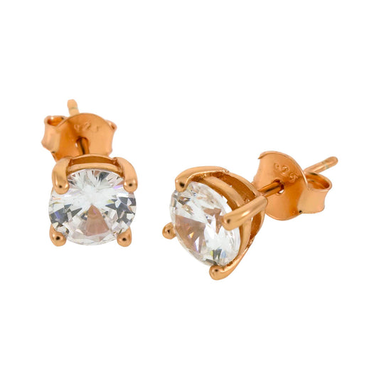 Sterling Silver Round CZ 14K Rose Gold Plated Casting Stud Earrings