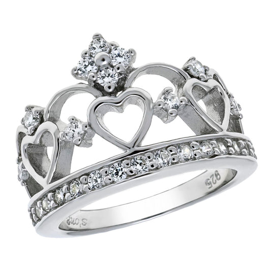 Sterling Silver Cubic Zirconia Heart Crown Ring