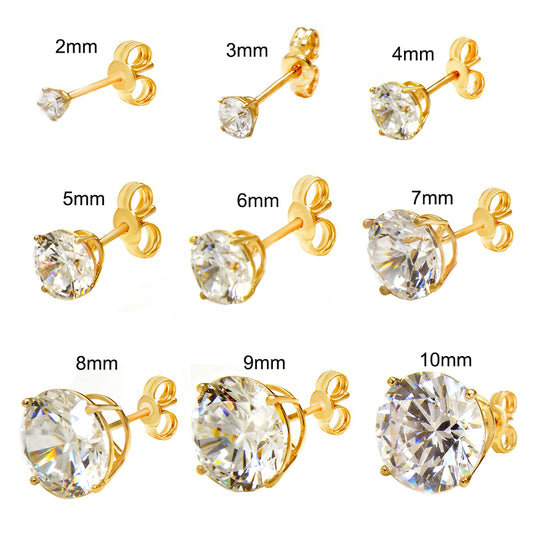 14K Yellow Gold 4 Prong Basket Round CZ W Push Back Stud Earrings