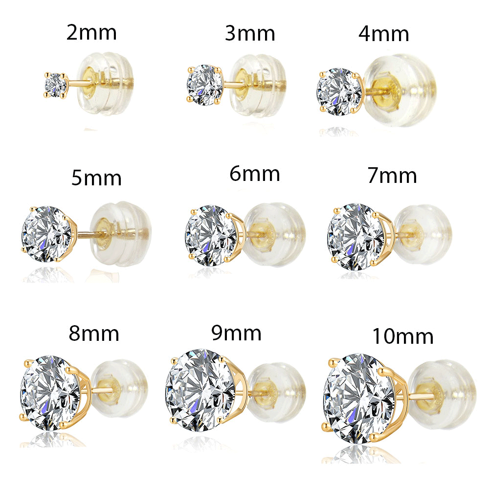 14K Yellow Gold 4 Prong Basket Round CZ W Silicone Back Stud Earrings