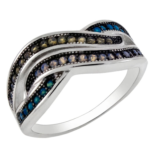 Blue Yellow Nano Stone W White Black Rhodium Ring