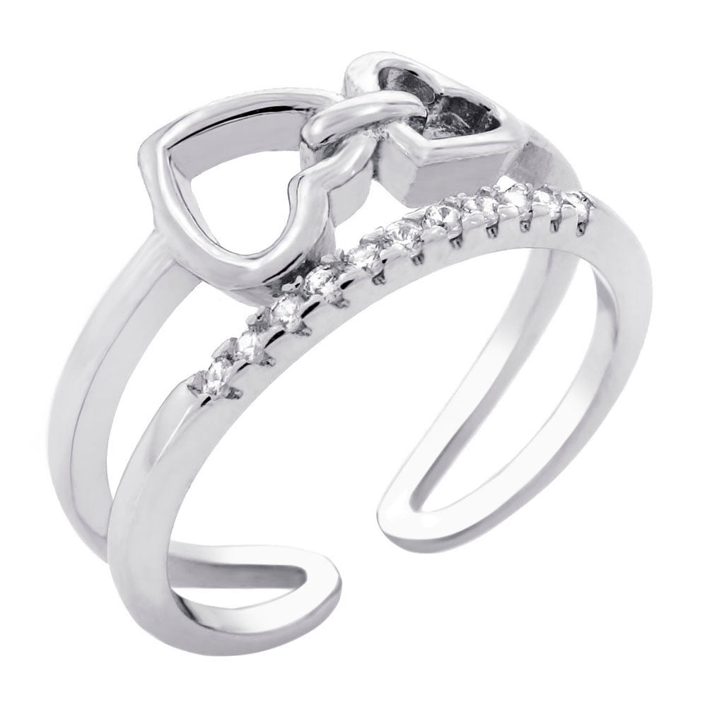 Sterling Silver Double Heart Cubic Zirconia Adjustable Ring