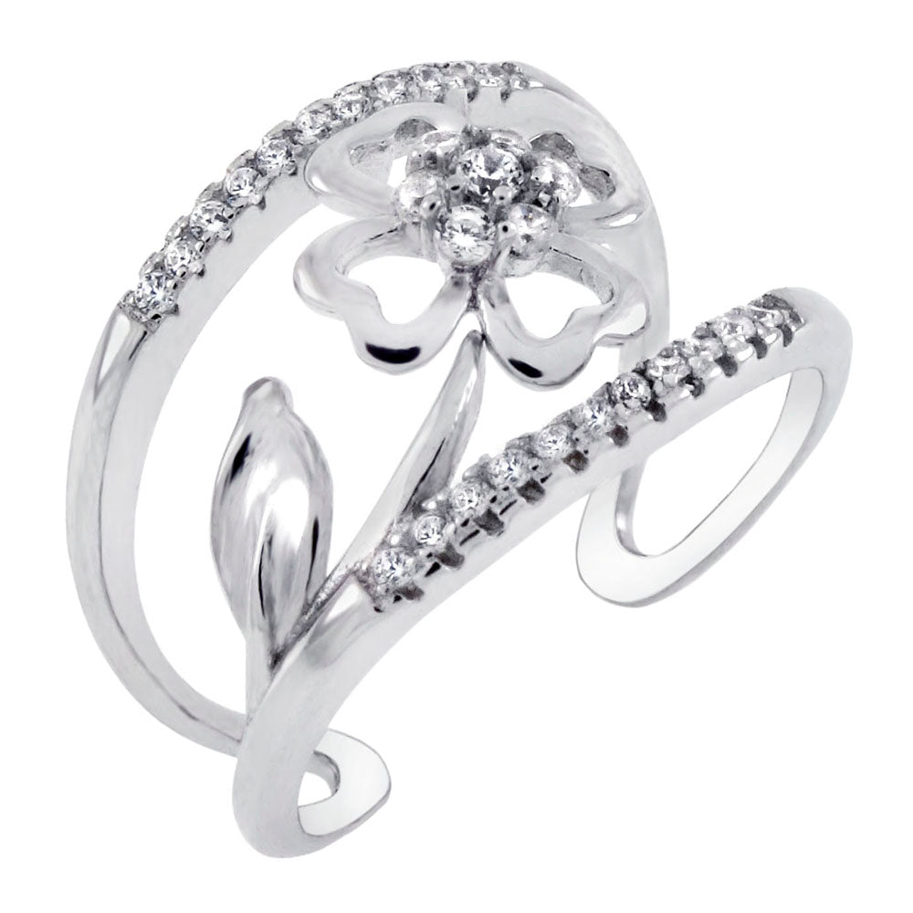 Sterling Silver Cubic Zirconia Four Leaf Clover Adjustable Ring