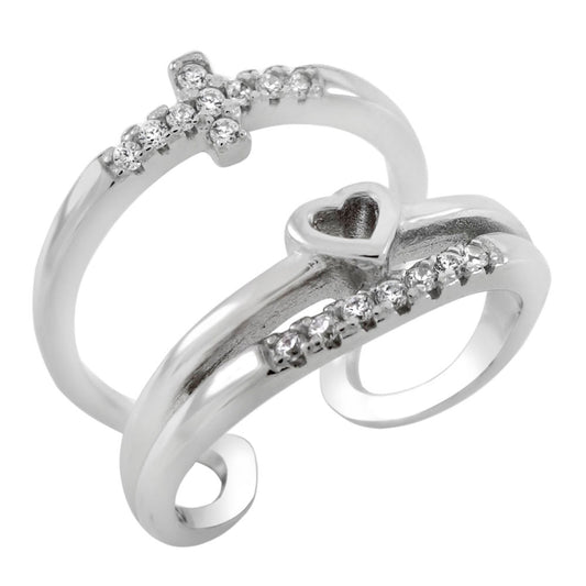 Sterling Silver Heart Cross CZ Adjustable Ring