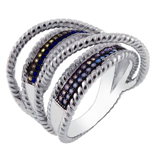 Sterling Silver Multi Color Stone White Black Rhodium Ring