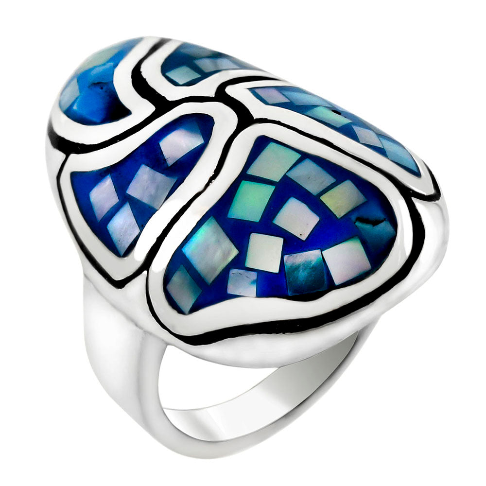 Sterling Silver Blue Mosaic MOP Oval Dome Ring