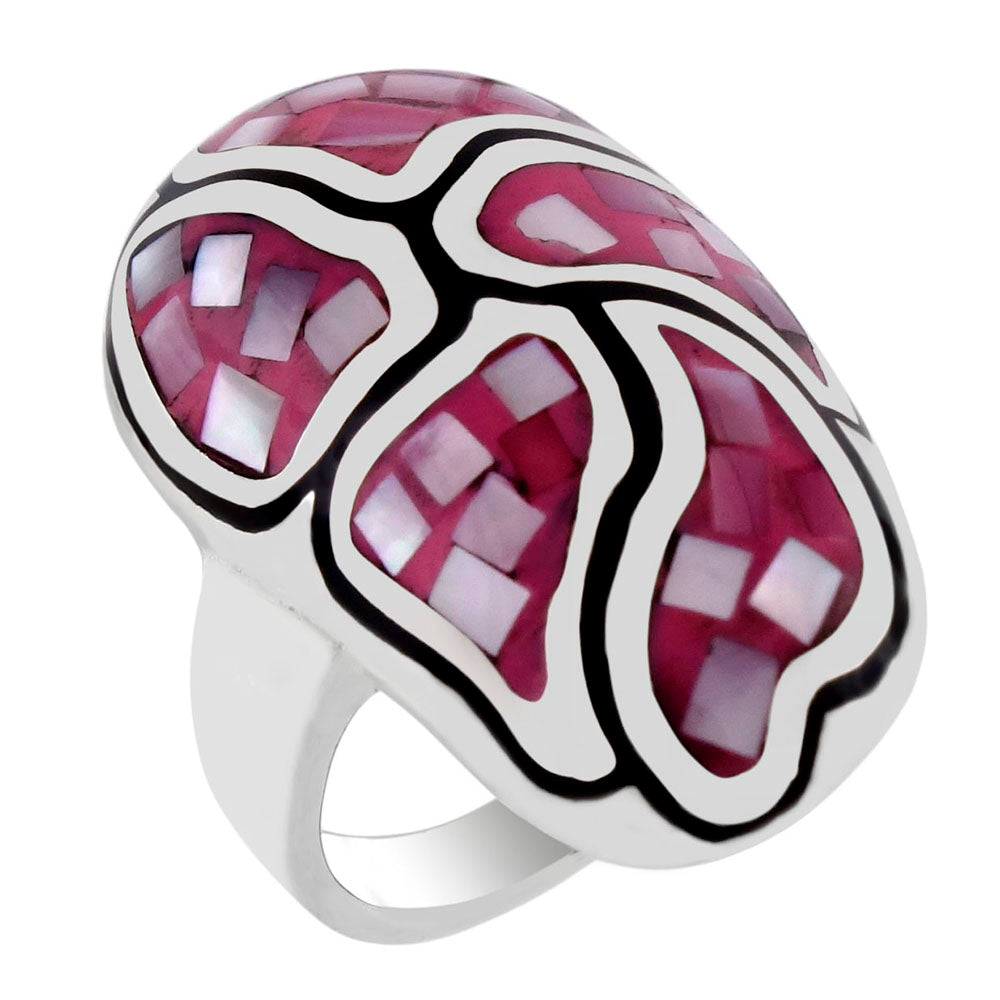 Sterling Silver Pink Mosaic MOP Oval Dome Ring