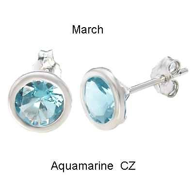 925 Silver 7MM Round CZ Aquamarine Bezel Stamping Stud Earrings