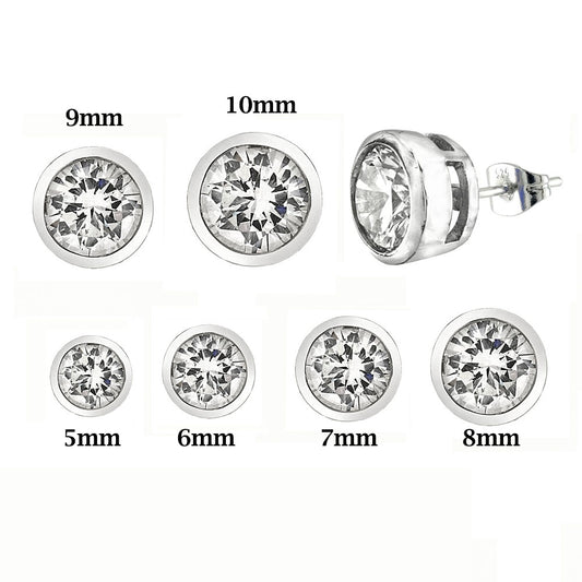 Sterling Silver Round CZ Bezel Casting Stud Earrings