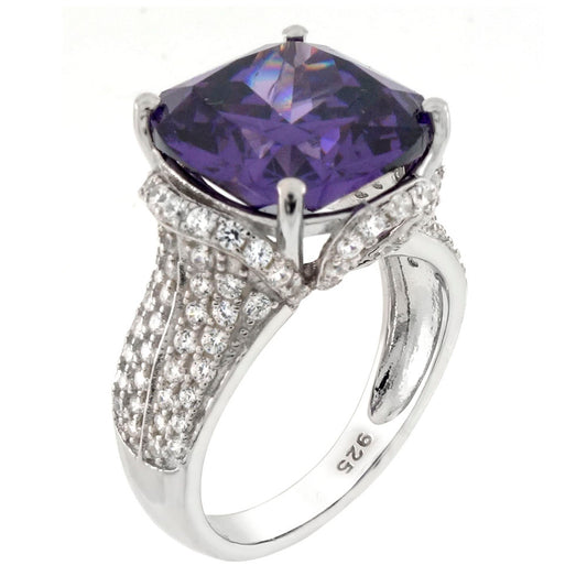 Sterling Silver 12mm Cushion Cut Amethyst CZ Cocktail Ring