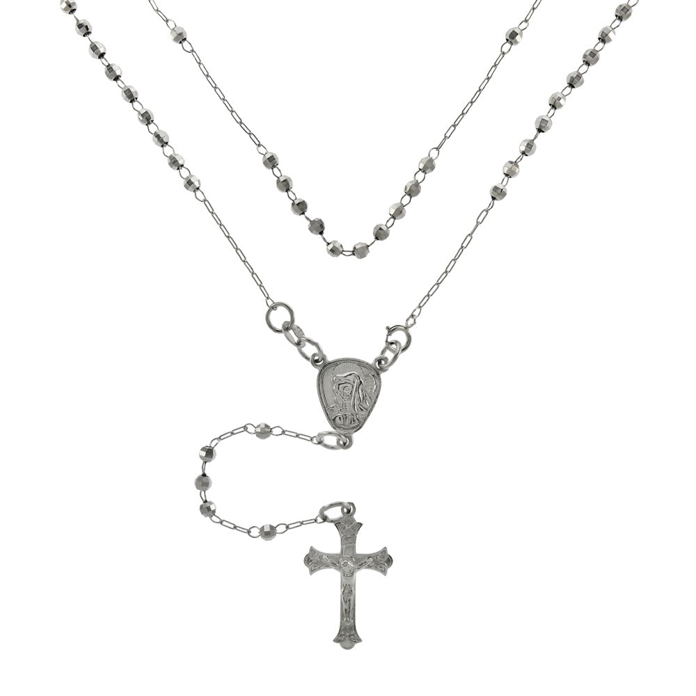 Sterling Silver 3mm Diamond Cut Rosary Rhodium Necklace