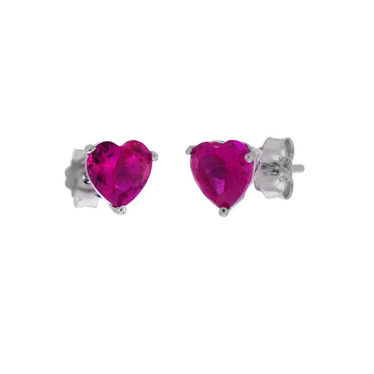 Sterling Silver Red Cubic Zirconia Heart Casting Stud Earrings