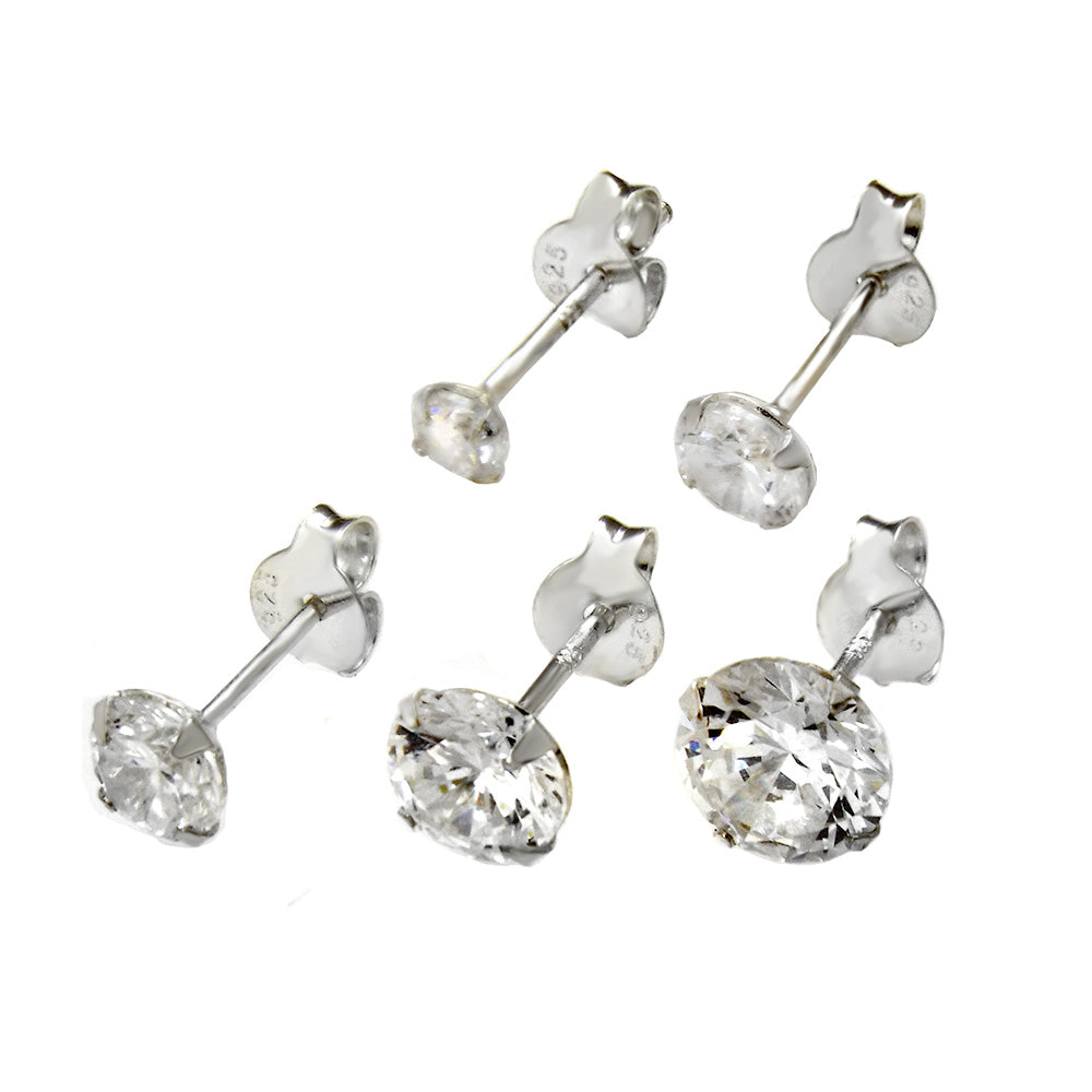 round cubic zirconia stud earrings in multiple sizes