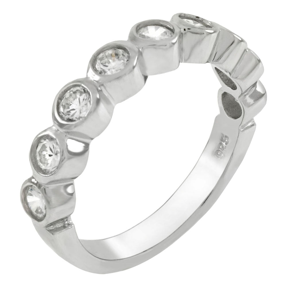 Round Cubic Zirconia Bezel Set Sterling Silver Band Ring