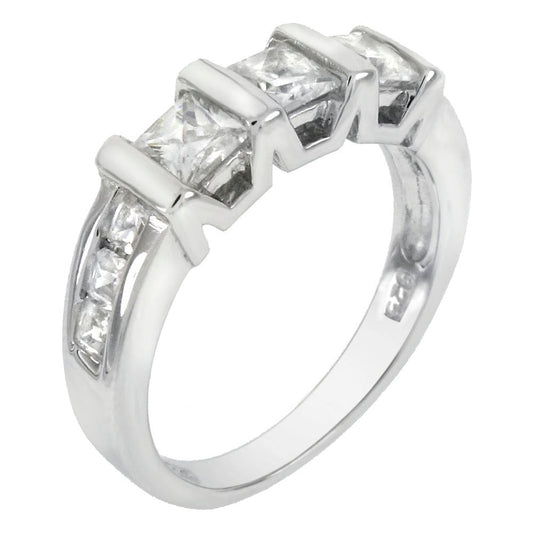 Tri Princess Cut CZ Sterling Silver Band Ring