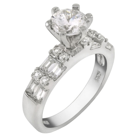 6mm Round Baguette CZ Sterling Silver Engagement Ring