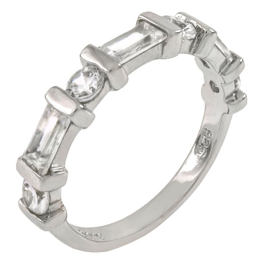 Cubic Zirconia Round Baguette Sterling Silver Band Ring