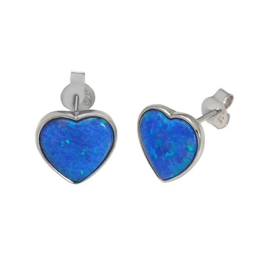 Simulated Blue Opal Heart Sterling Silver Stud Earrings