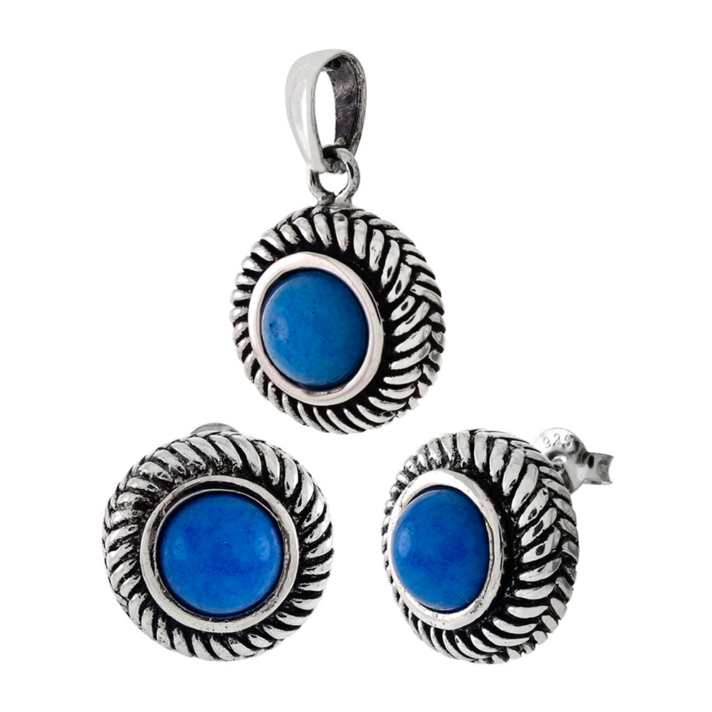 Round Natural Blue Turquoise Cabochon Earrings and Pendant Set