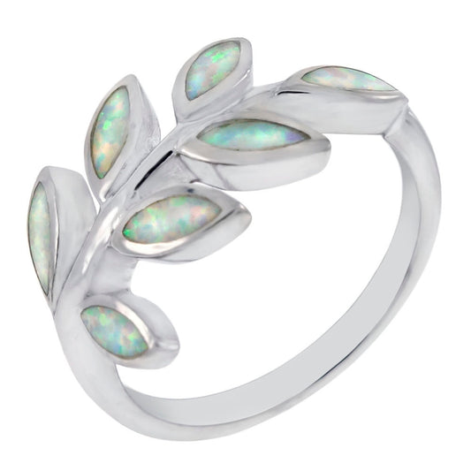 Sterling Silver Simulated White Opal Leaf Ring