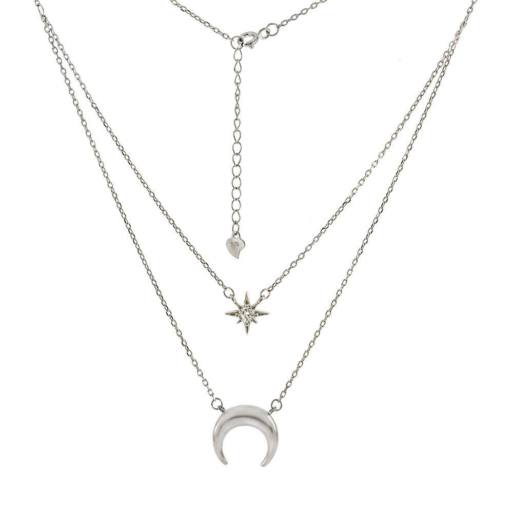 Crescent Moon CZ Twinkle Star Layered Rhodium Necklace