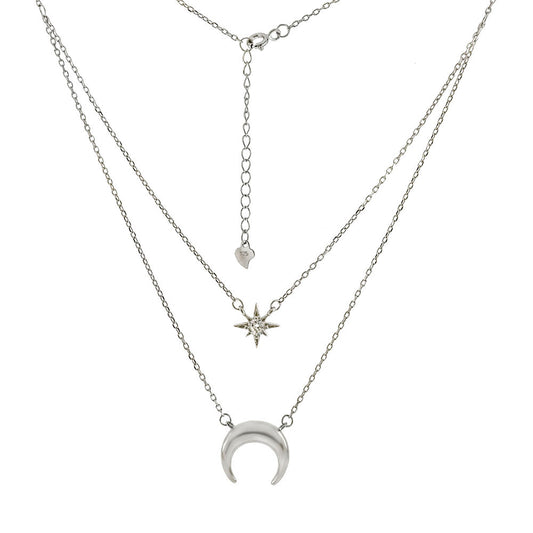 Crescent Moon CZ Twinkle Star Layered Rhodium Necklace