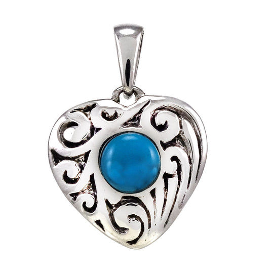 Sterling Silver Heart W Simulated Blue Turquoise Oxidize Pendant