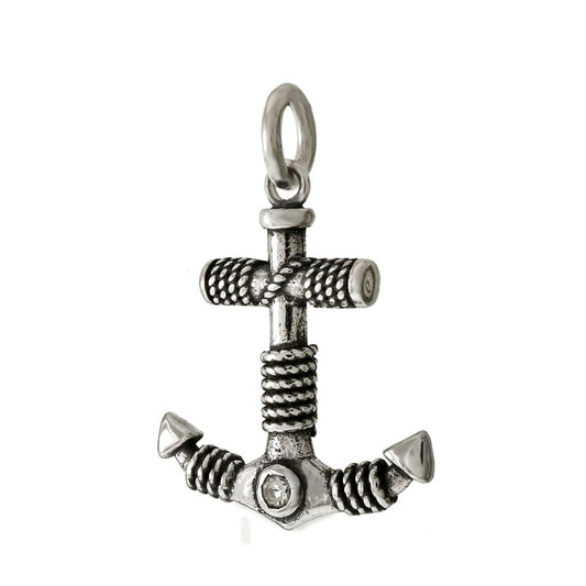 Sterling Silver CZ Mariner Anchor Oxidized Pendant