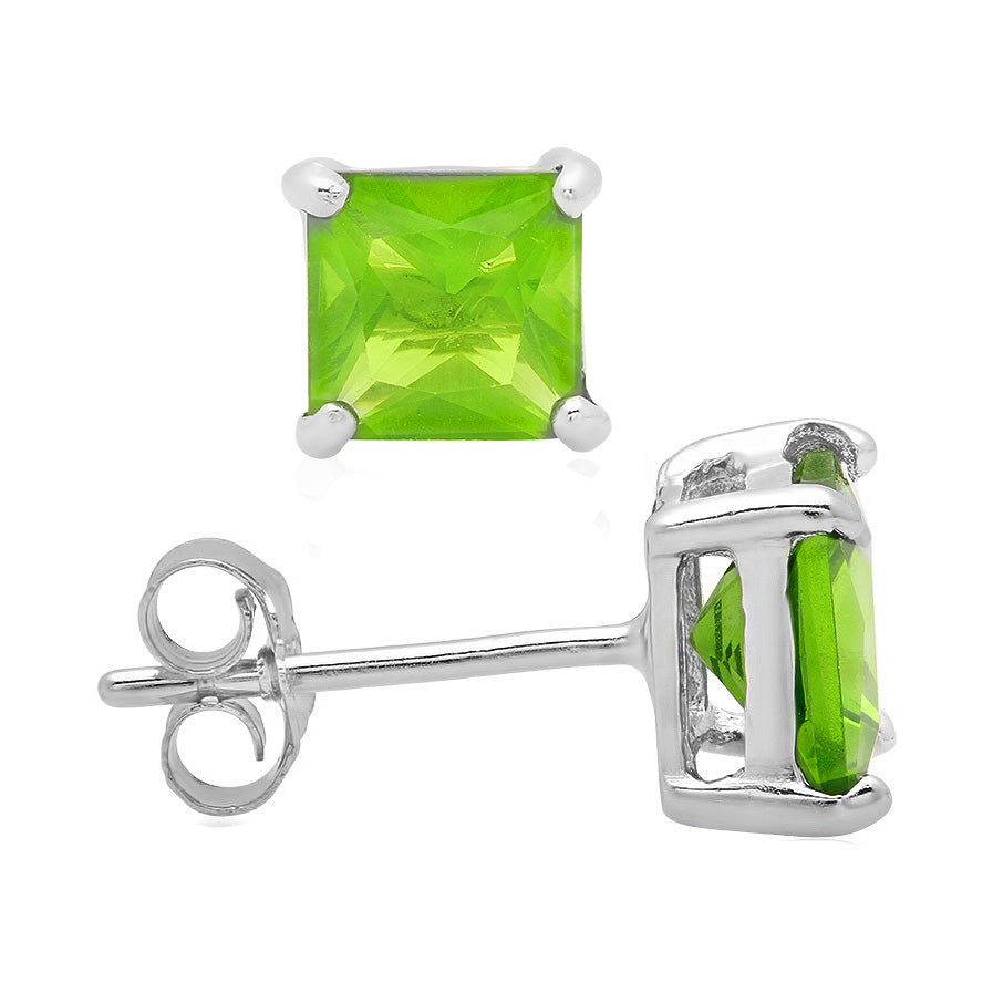 Sterling Silver Square CZ Peridot Casting Stud Earrings