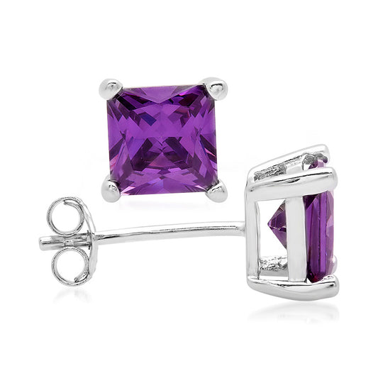 Sterling Silver Square CZ Amethyst Casting Stud Earrings