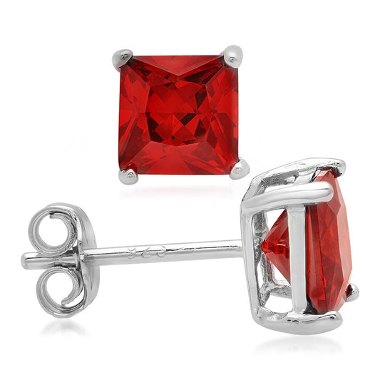 Sterling Silver Square CZ Garnet Casting Stud Earrings