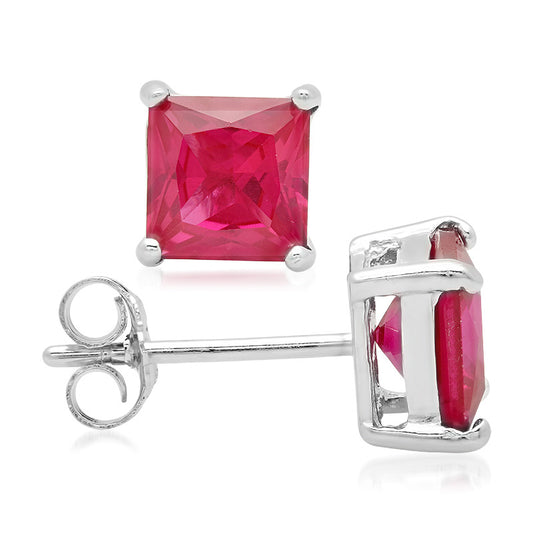 Sterling Silver Square CZ Ruby Casting Stud Earrings