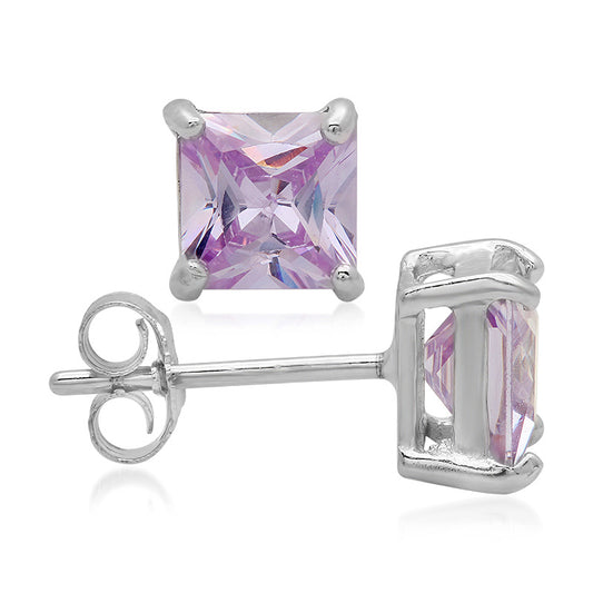 Sterling Silver Square CZ Lavender Casting Stud Earrings