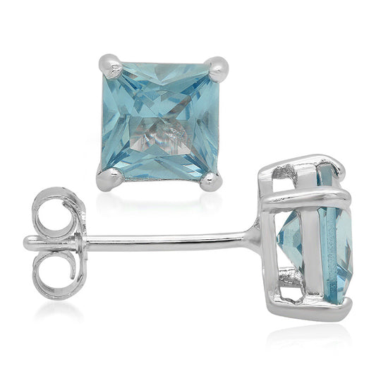 Sterling Silver Square CZ Aquamarine Casting Stud Earrings