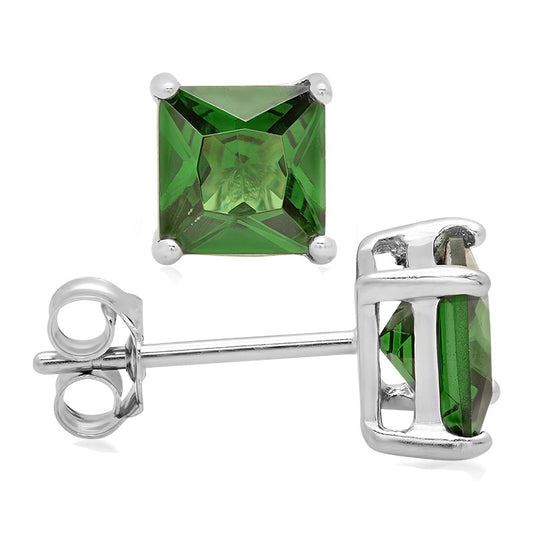 Sterling Silver Square CZ Emerald Stud Earrings