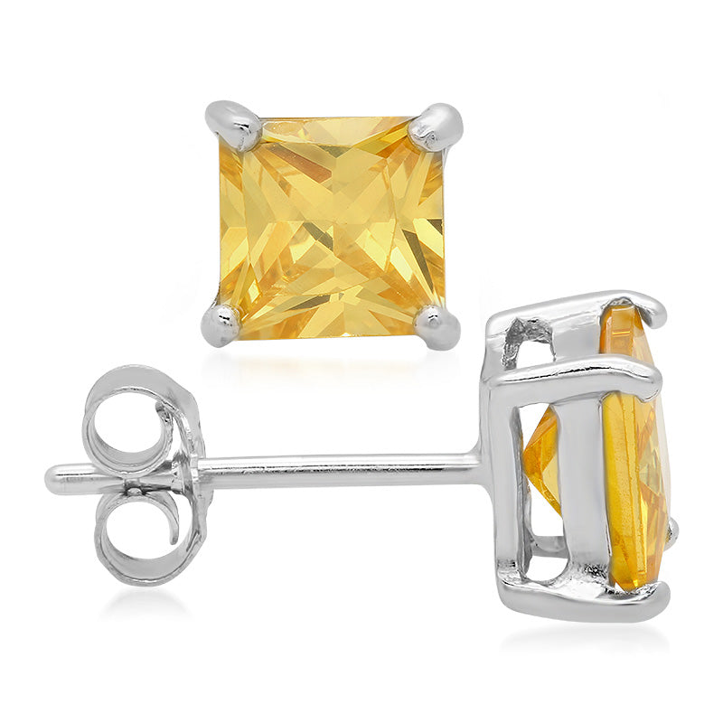 Sterling Silver Square CZ Citrine Casting Stud Earrings