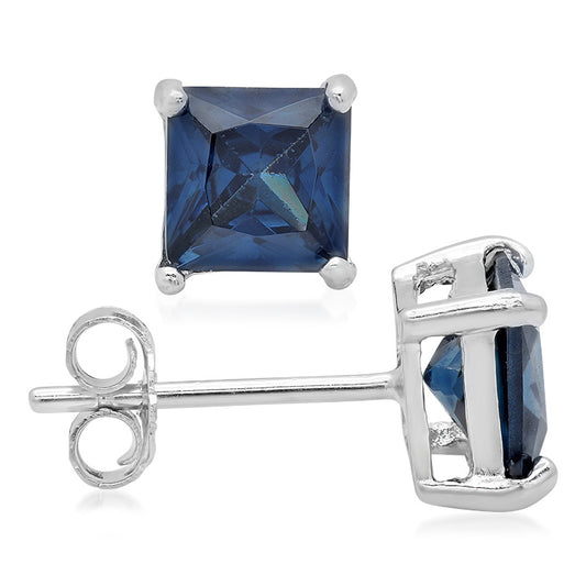 Sterling Silver Square CZ Sapphire Casting Stud Earrings