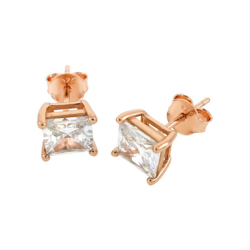 Sterling Silver Square CZ Rose Gold Plated Prong Setting Stud Earrings