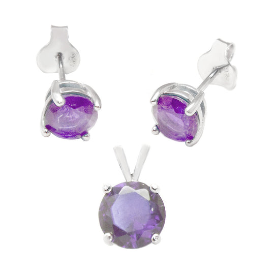 Sterling Silver Round Amethyst CZ Earrings Pendant Set