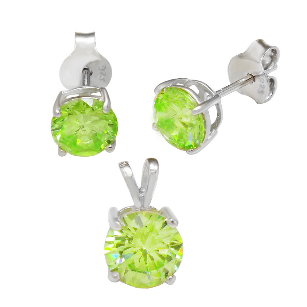 Sterling Silver Round Peridot CZ Earrings Pendant Set