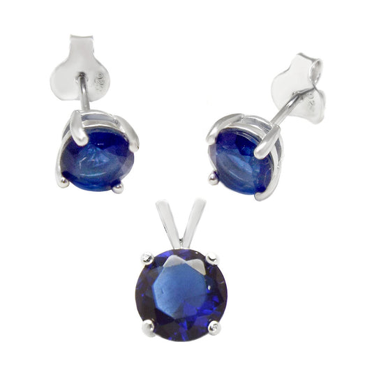 Sterling Silver Round Sapphire CZ Earrings Pendant Set